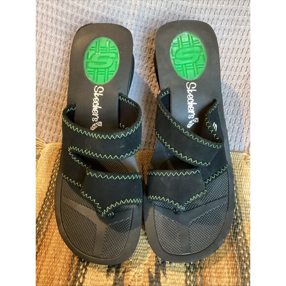 Skechers Cali Sandals Slide Sporty Slip On Black & Green Fabric Flats Womens 9 - Picture 14 of 14